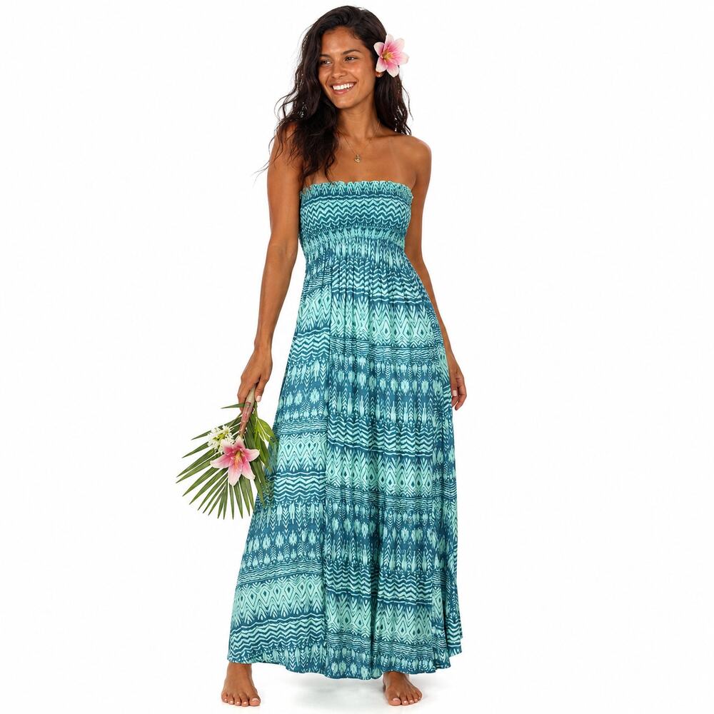 NWT Tiare Hawaii Seaside Maxi Dress Strapless Smocked Fit Flare Summer Tropical